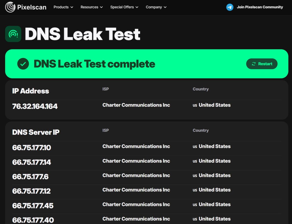 Pixelscan DNS Leak Test complete