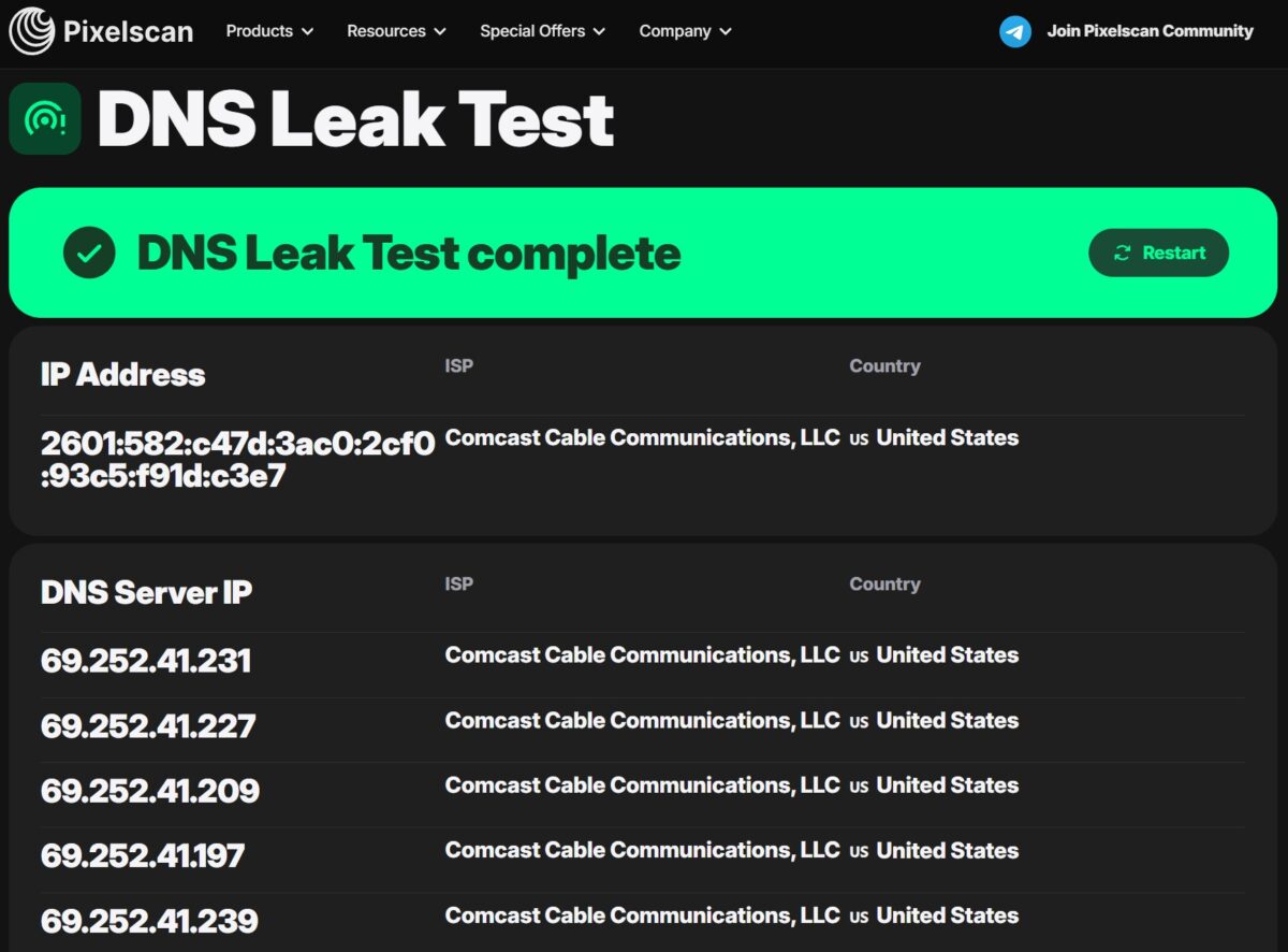 DNS Leak Test complete