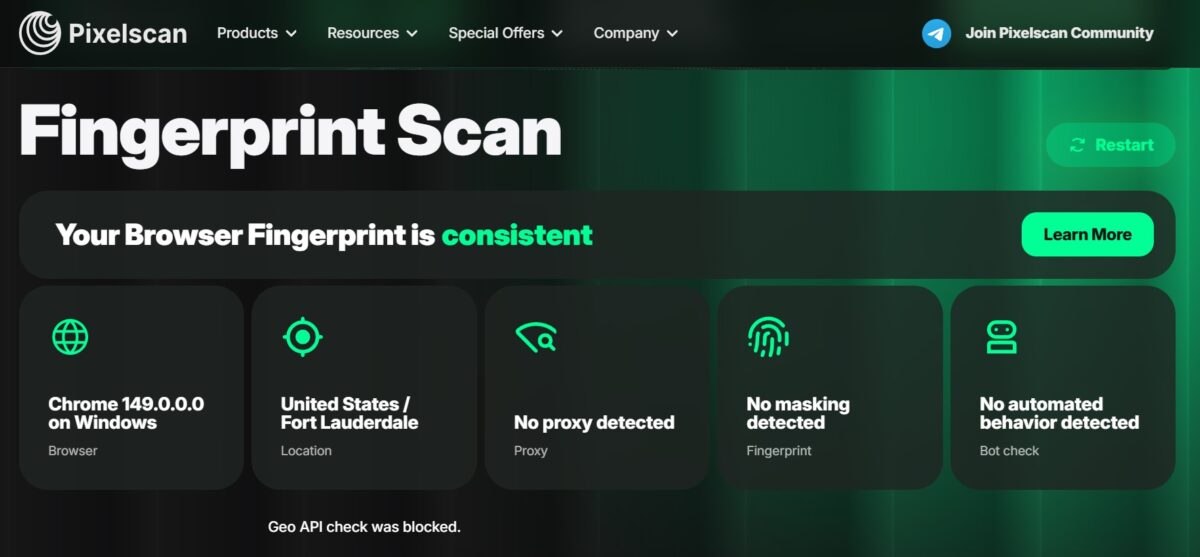 Pixelscan Fingerprint