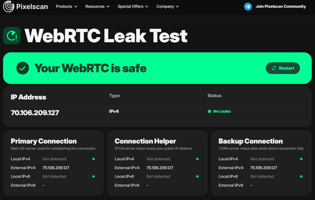 Pixelscan WebRTC Leak Test