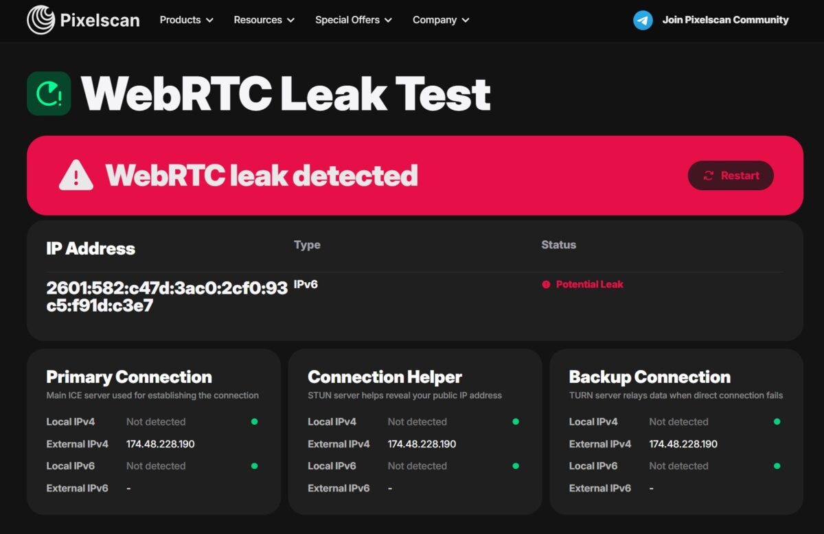 Pixelscan WebRTC leak detected