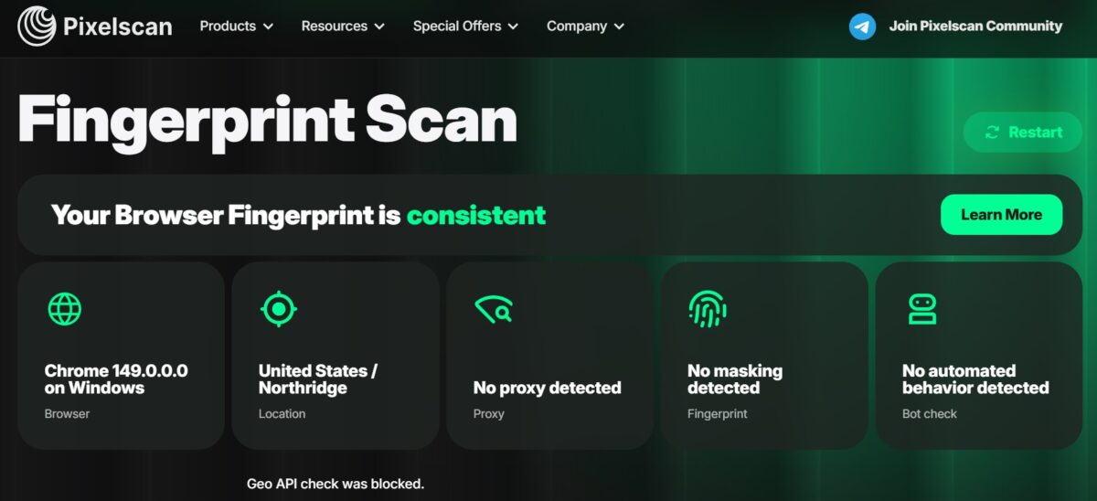Pixelscan Fingerprint Scan
