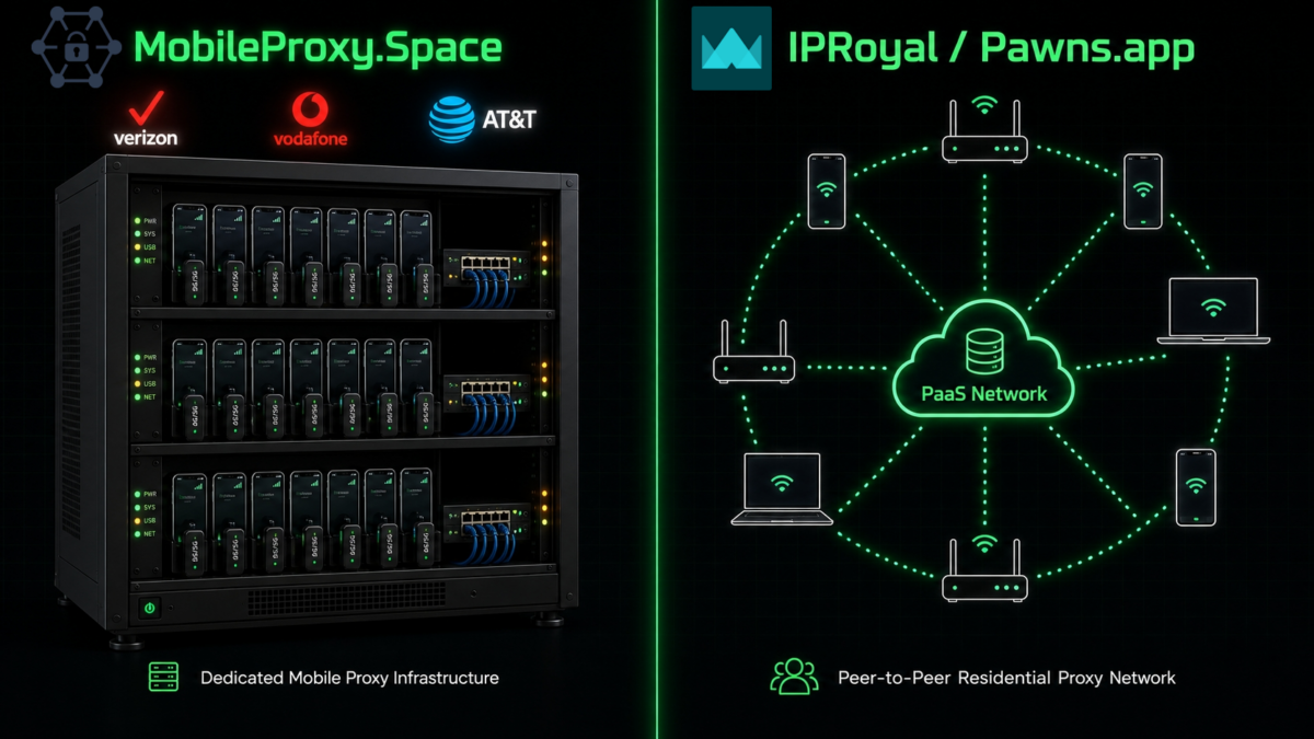 MobileProxy.Space physical modem farm vs IPRoyal Pawns.app peer-to-peer network - sourcing model comparison
