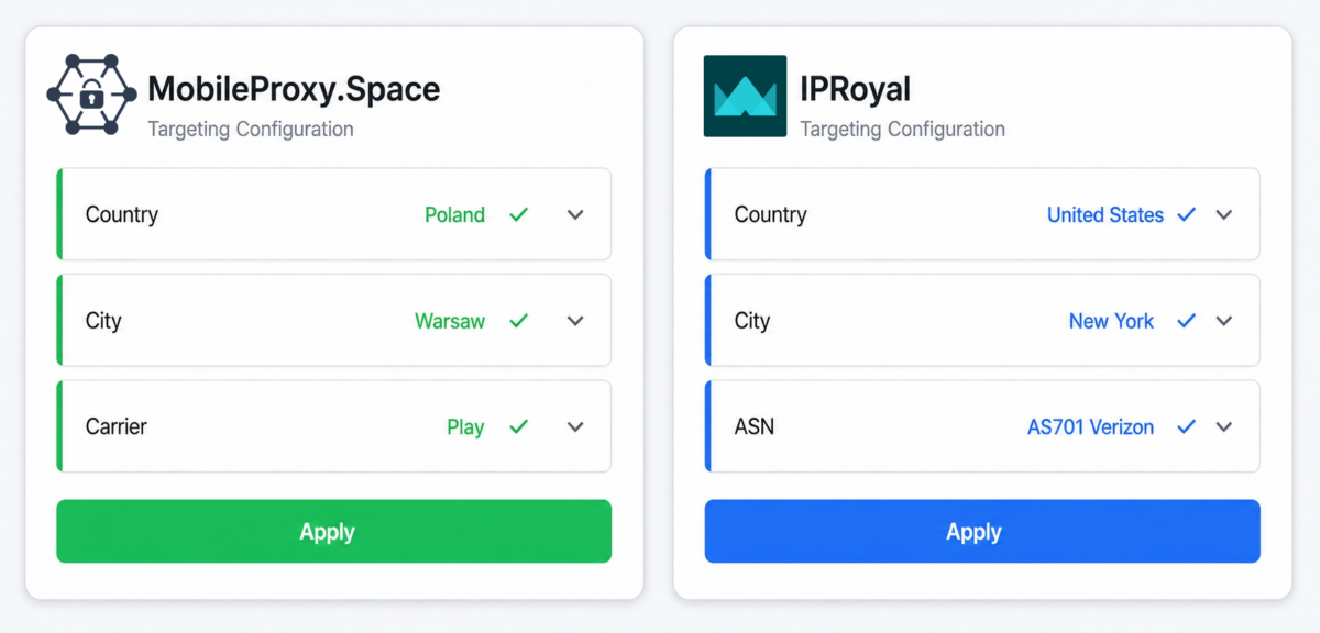 Geo-targeting UI comparison - MobileProxy.Space carrier-level targeting vs IPRoyal ASN-level targeting