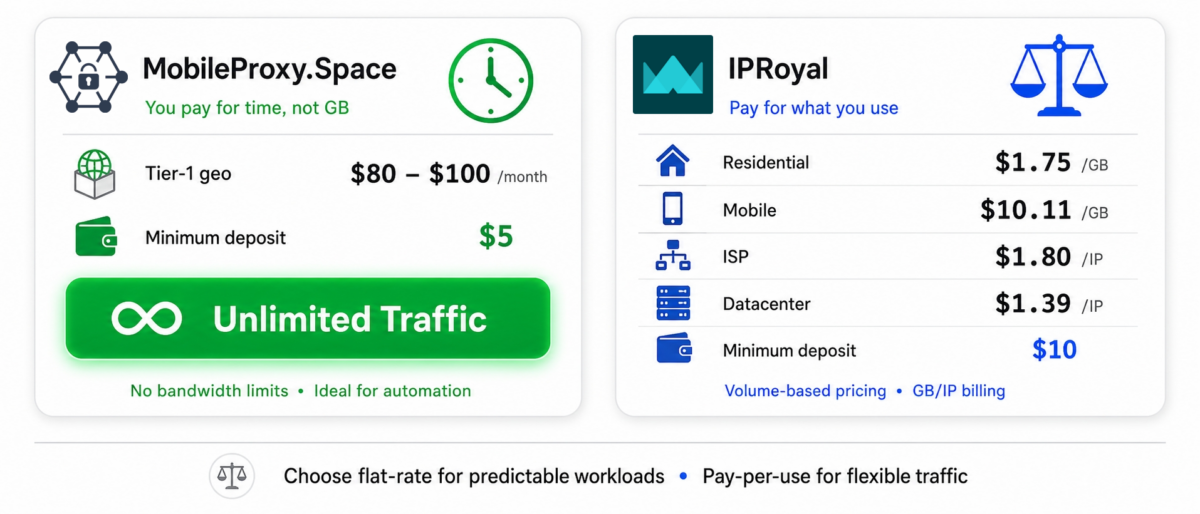 Pricing model comparison - MobileProxy.Space subscription per channel vs IPRoyal pay-as-you-go per GB