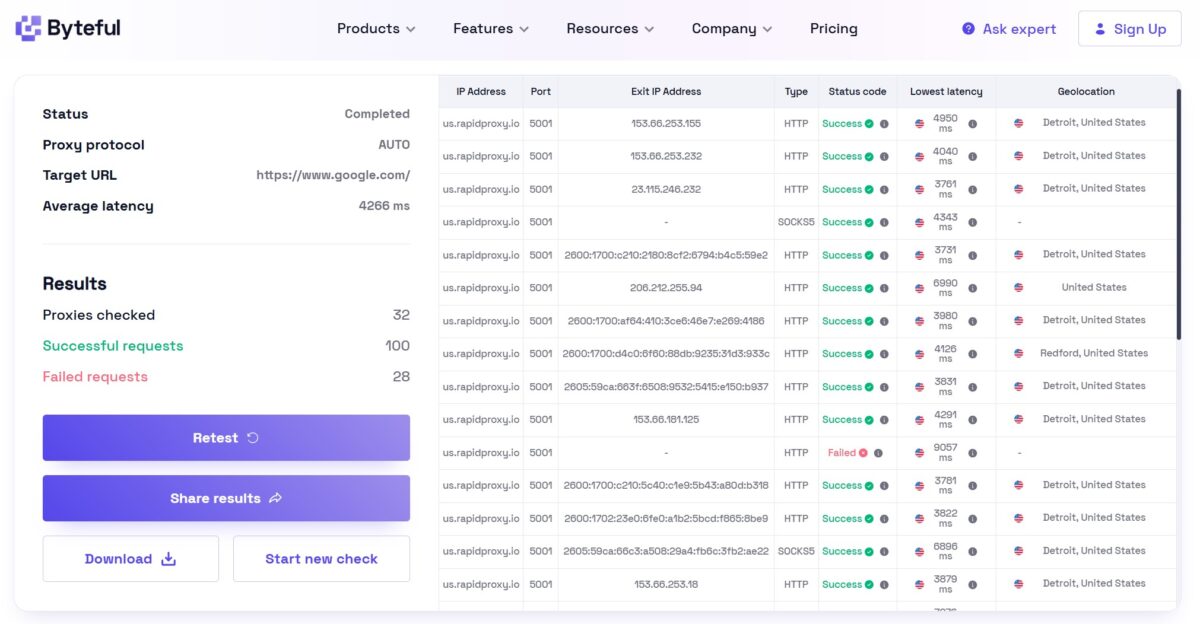 Byteful test against google.com