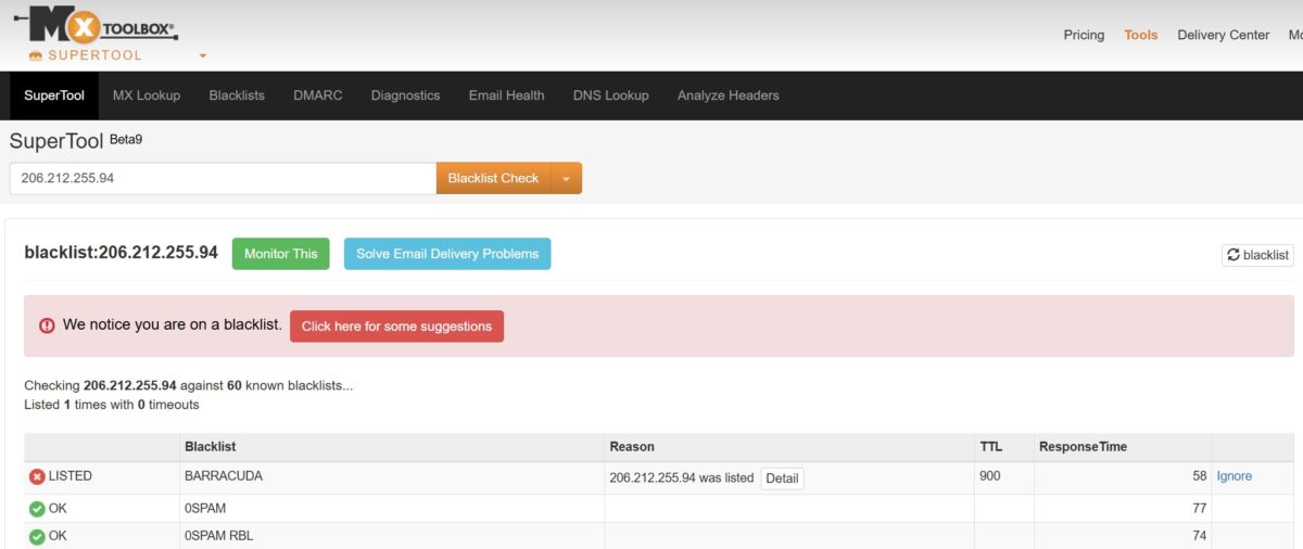 MXToolbox Blacklist Check
