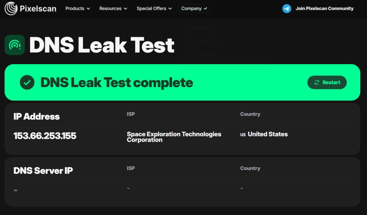 Pixelscan DNS Leak Test complete