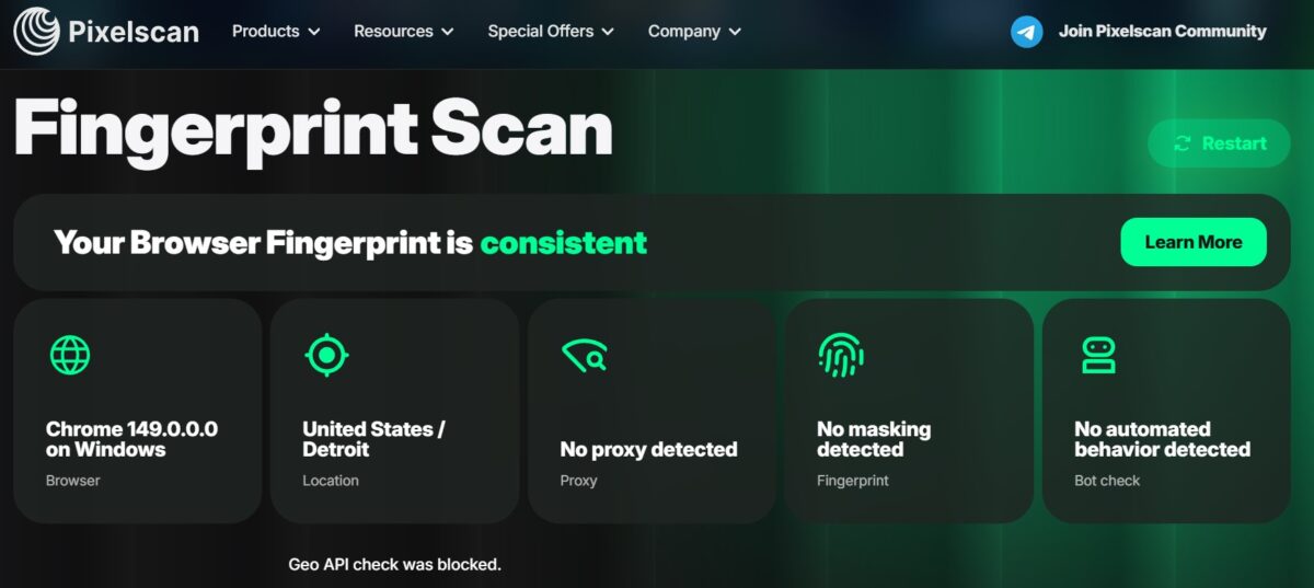 Pixelscan Fingerprint Scan