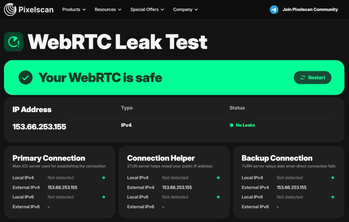 Pixelscan WebRTC Leak Test