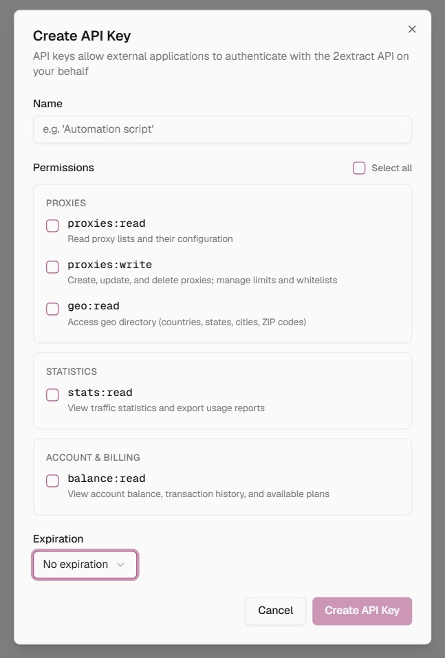 Create API Key - permissions