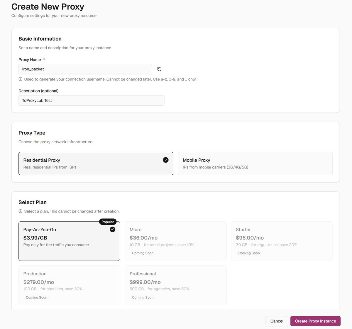 Create New Proxy - type, plan, name selection