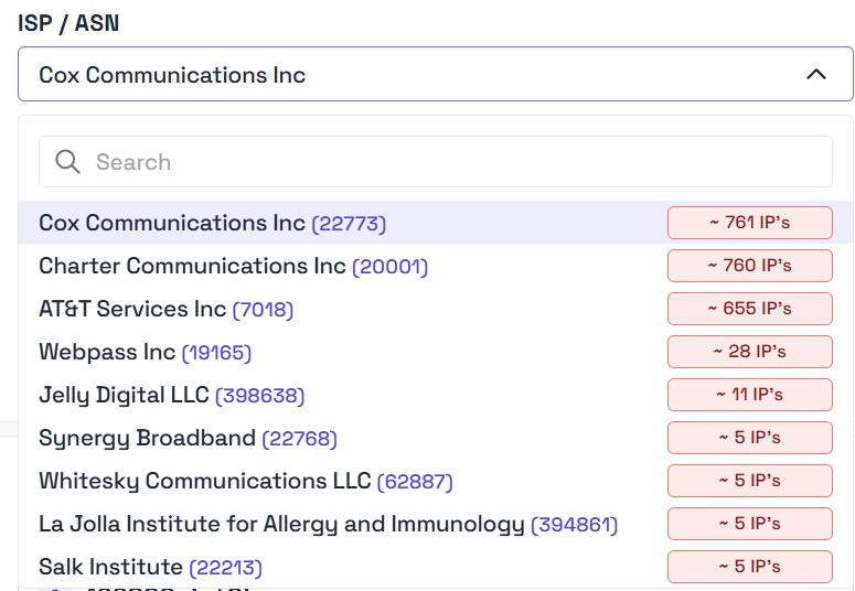 ISP / ASN dropdown