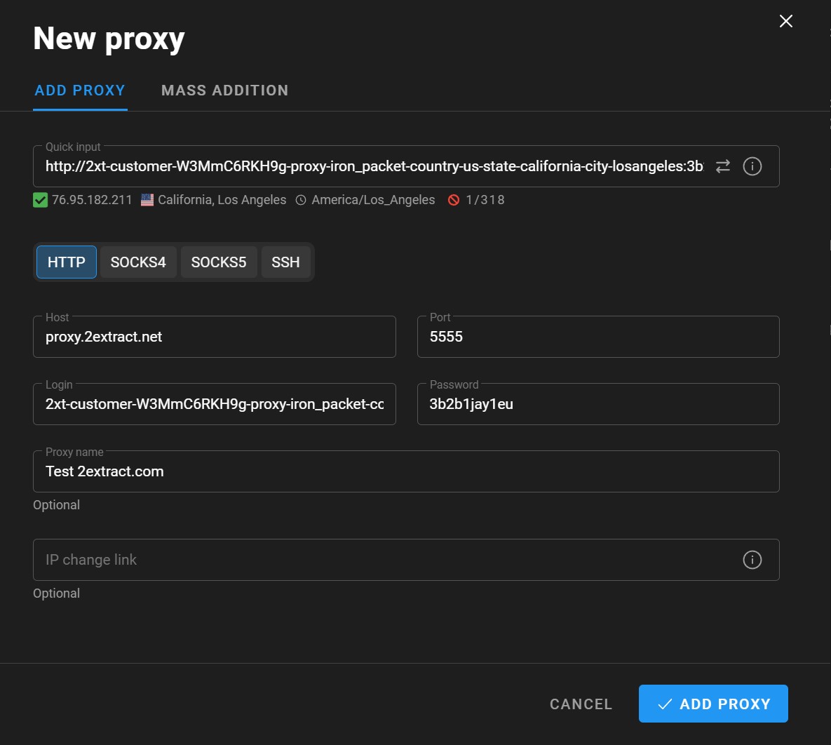 New proxy in Dolphin Anty with 2extract credentials