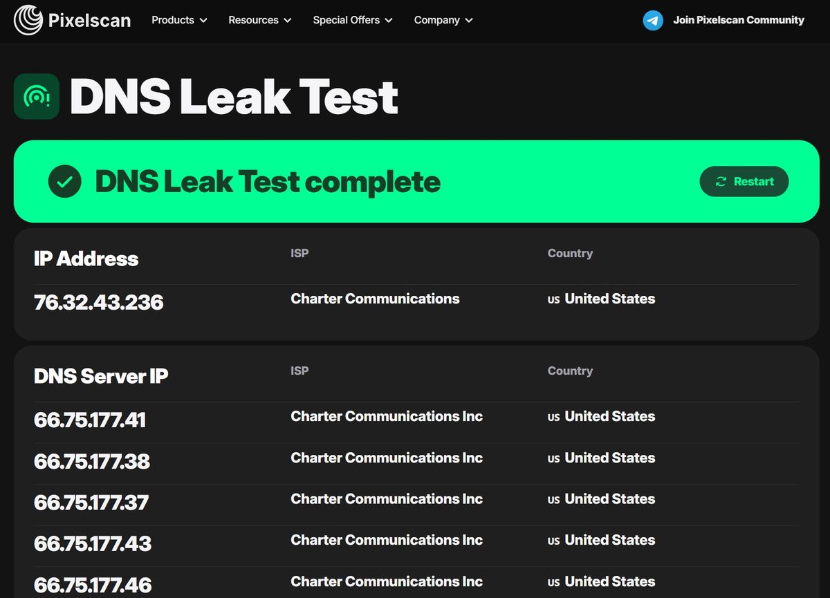 Pixelscan DNS Leak Test - clean