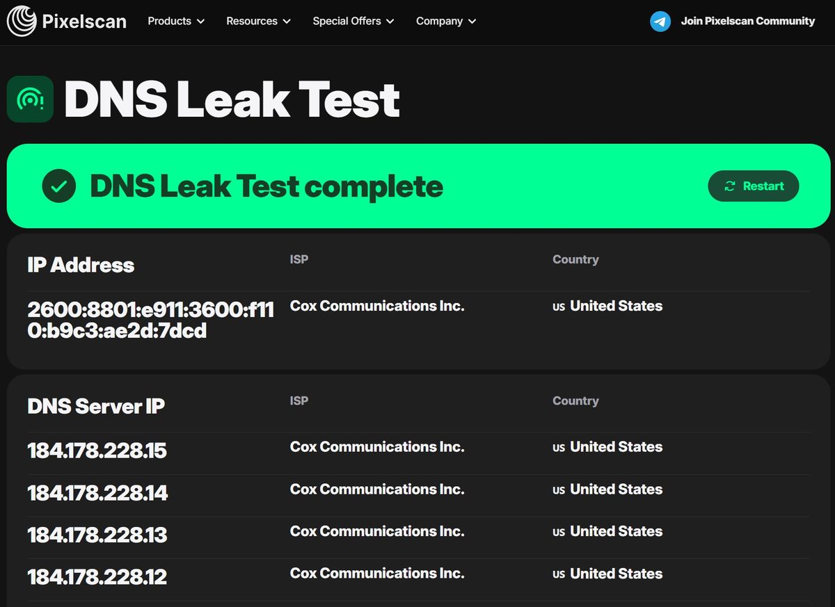 Pixelscan DNS Leak Test