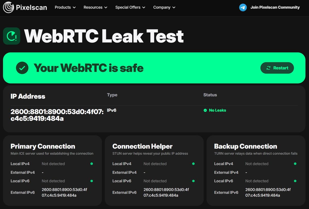 Pixelscan WebRTC Leak Test