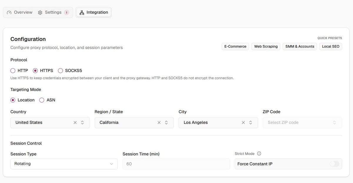 Settings tab - Protocol, Targeting, Session Control
