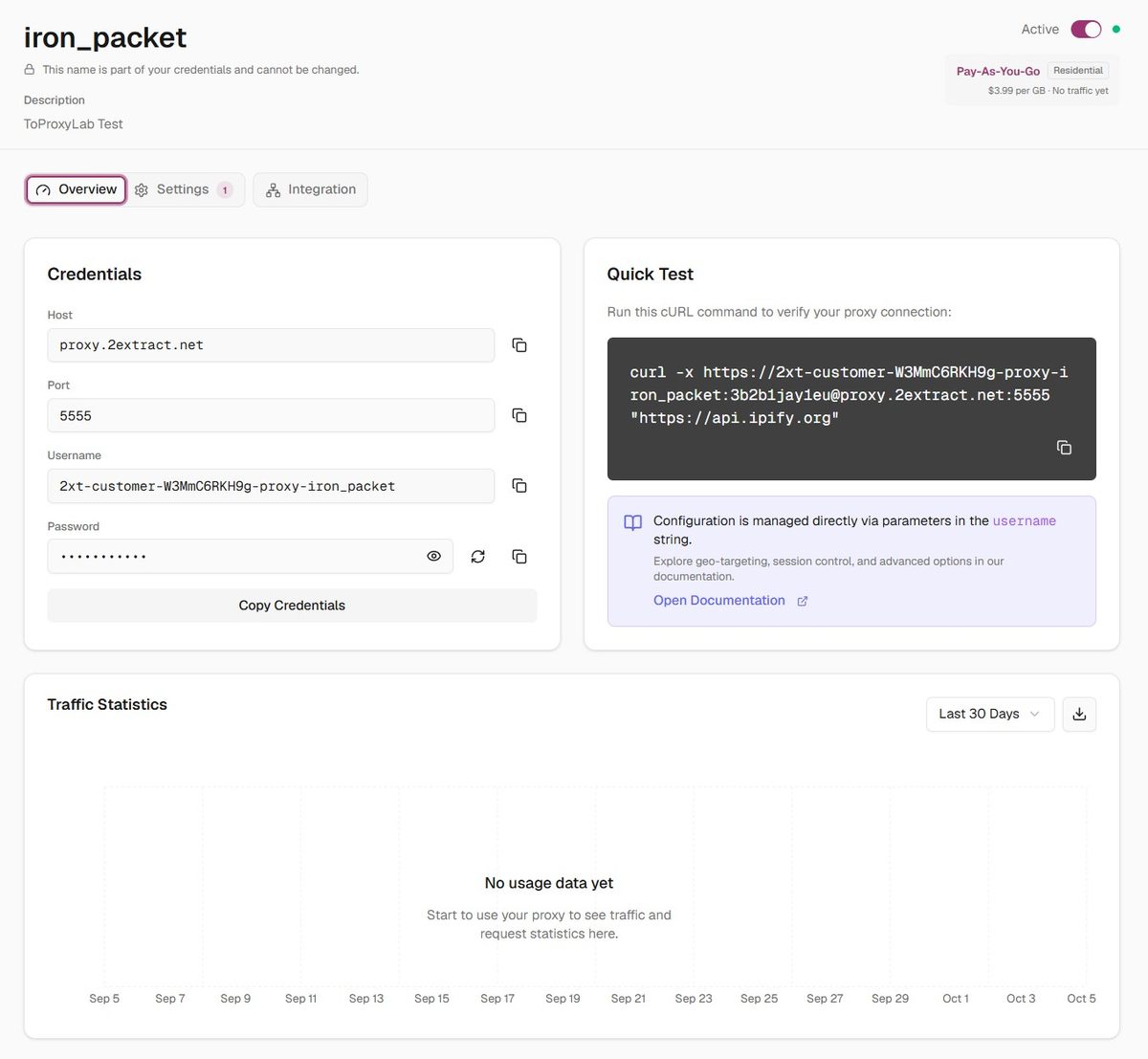 Proxy overview for iron_packet with credentials and Quick Test